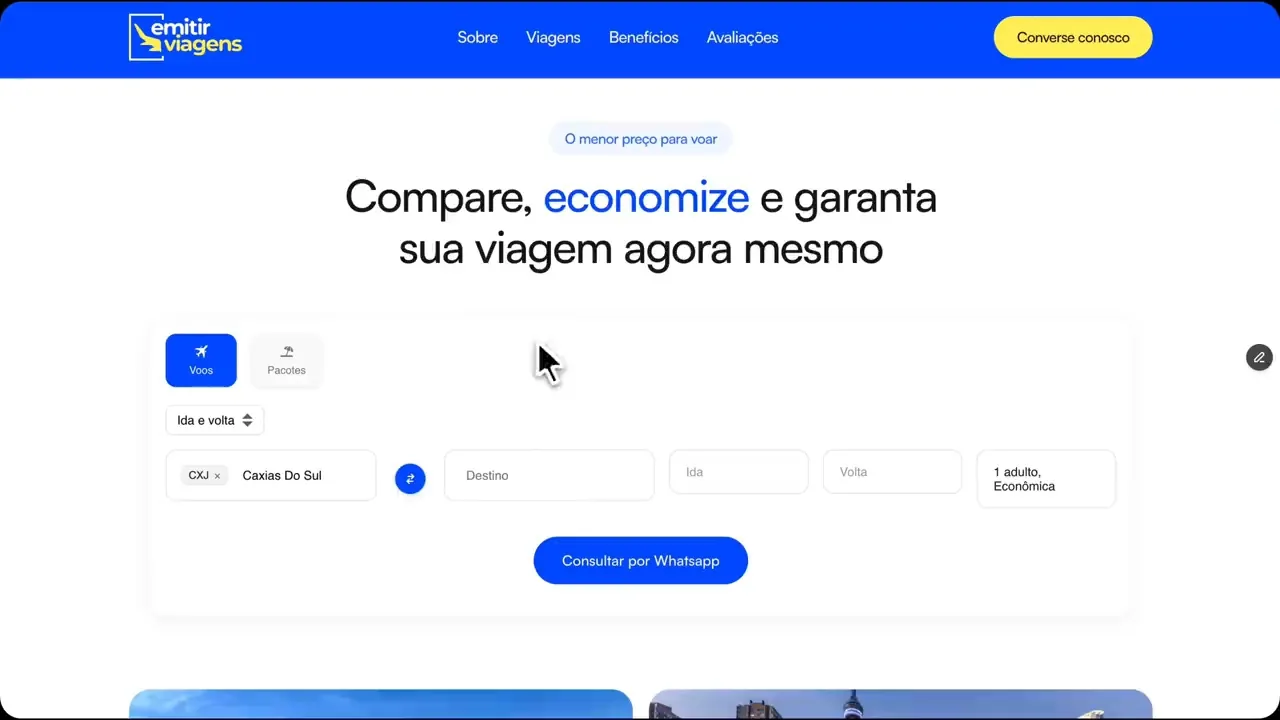Landing page Emitir Viagens com buscador de passagens