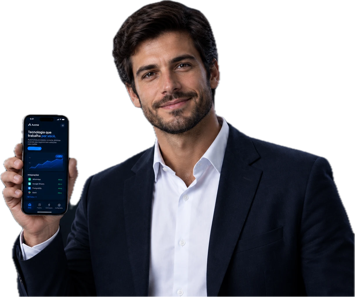 Empresário sorrindo e mostrando no celular o app da Autme com o gráfico de resultados e as integrações ativas: WhatsApp, Google Sheets, PostgreSQL e Slack